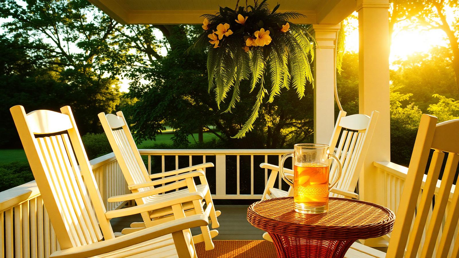A sun-drenched southern porch with rocking chairs and a pitcher of sweet tea